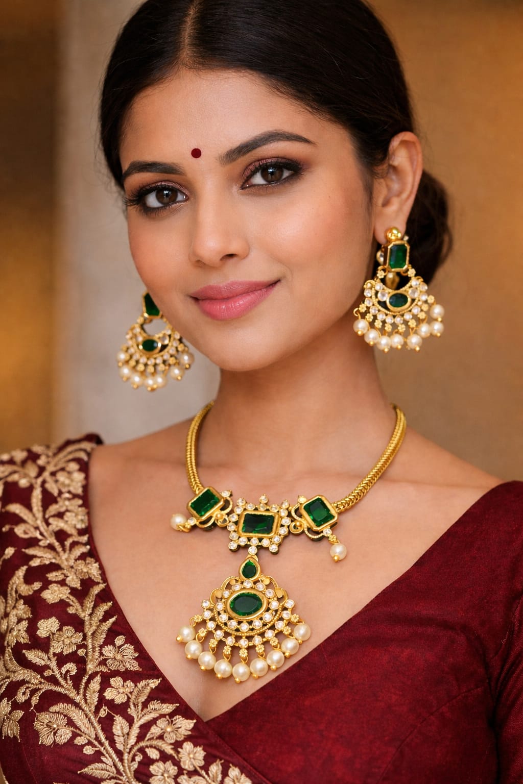 Emerald Stone Pearl Necklace Set