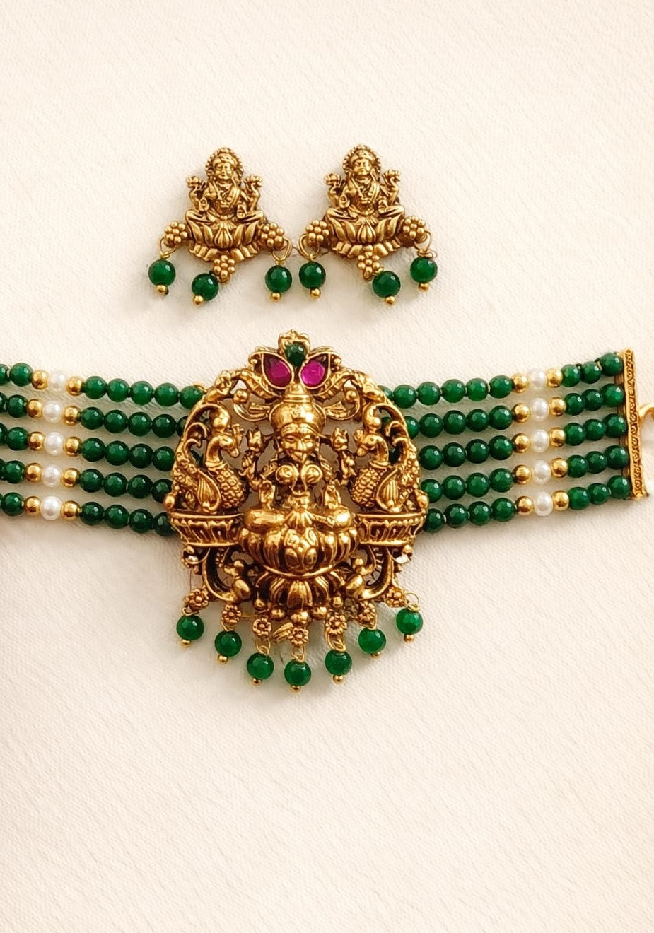 Temple Lakshmi Green Beaded Choker Set