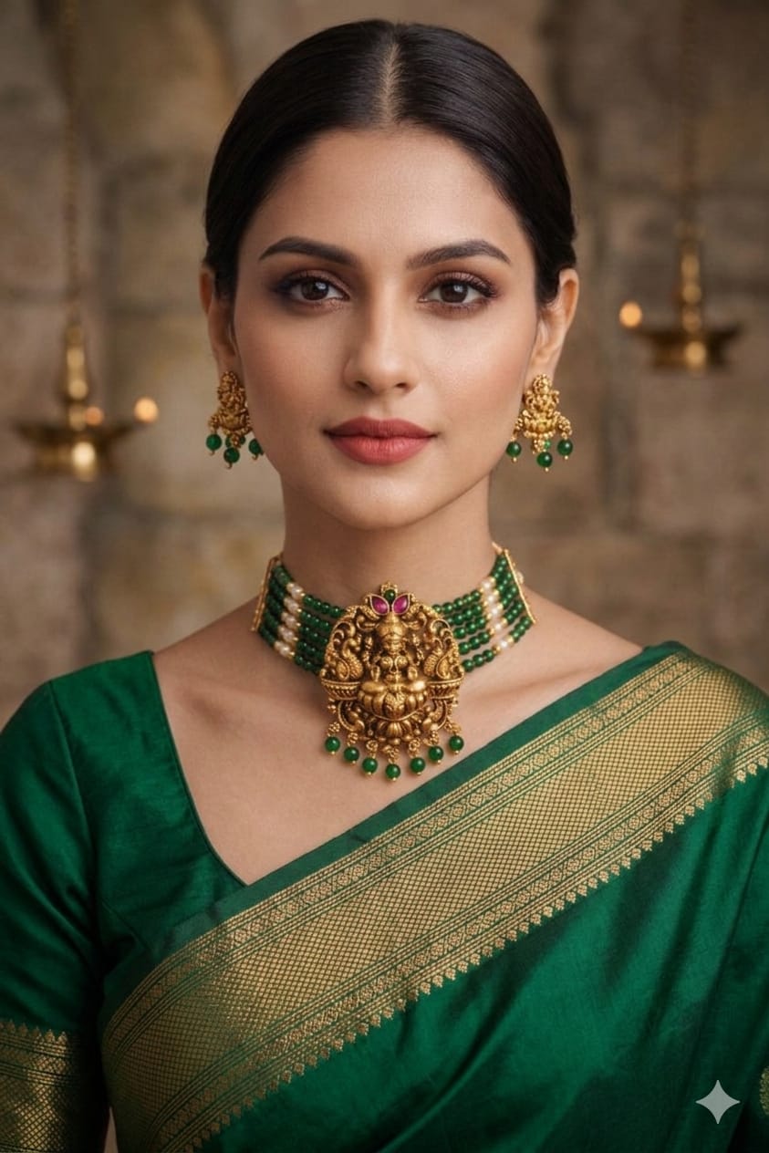 Temple Lakshmi Green Beaded Choker Set