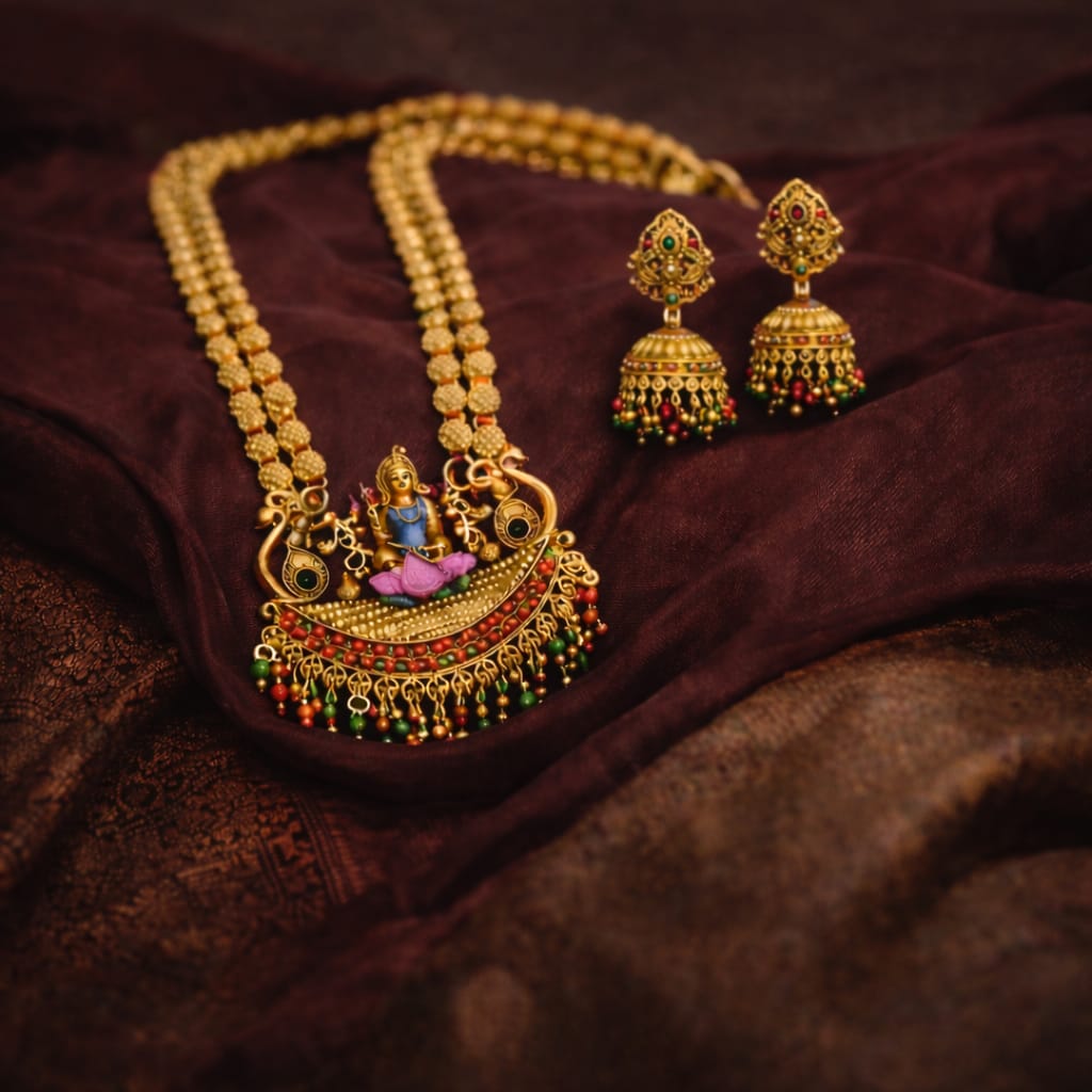 Lakshmi Temple Long Haram Pendant Set