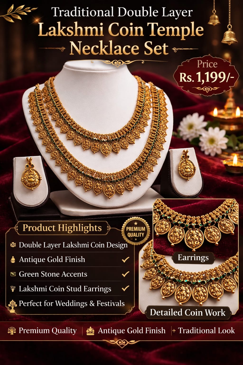Traditional Double Layer Lakshmi Coin Temple Necklace Set