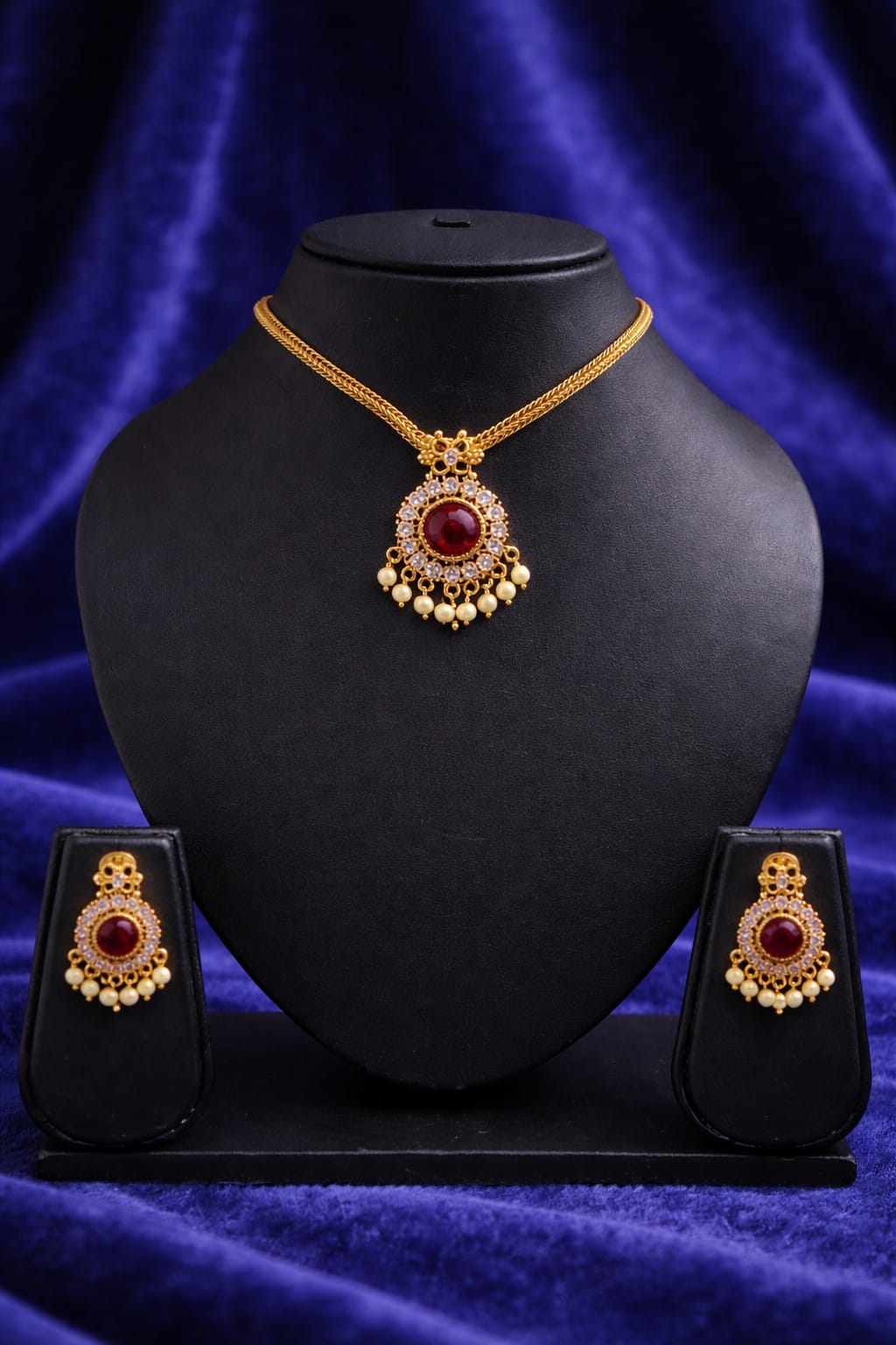 Classic Ruby AD Stone Pendant Necklace Set