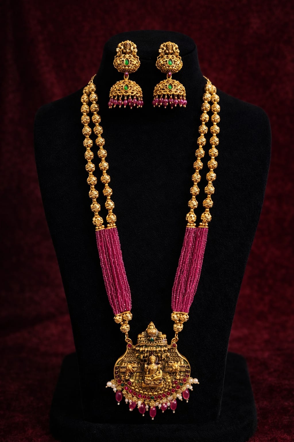 Lakshmi Pink Beads Temple Long Haram Set